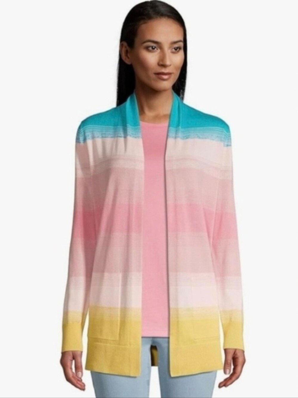 LANDS' END Open-Front Ombre Cardigan in Turquoise, Pink Yellow Pockets Sz Large